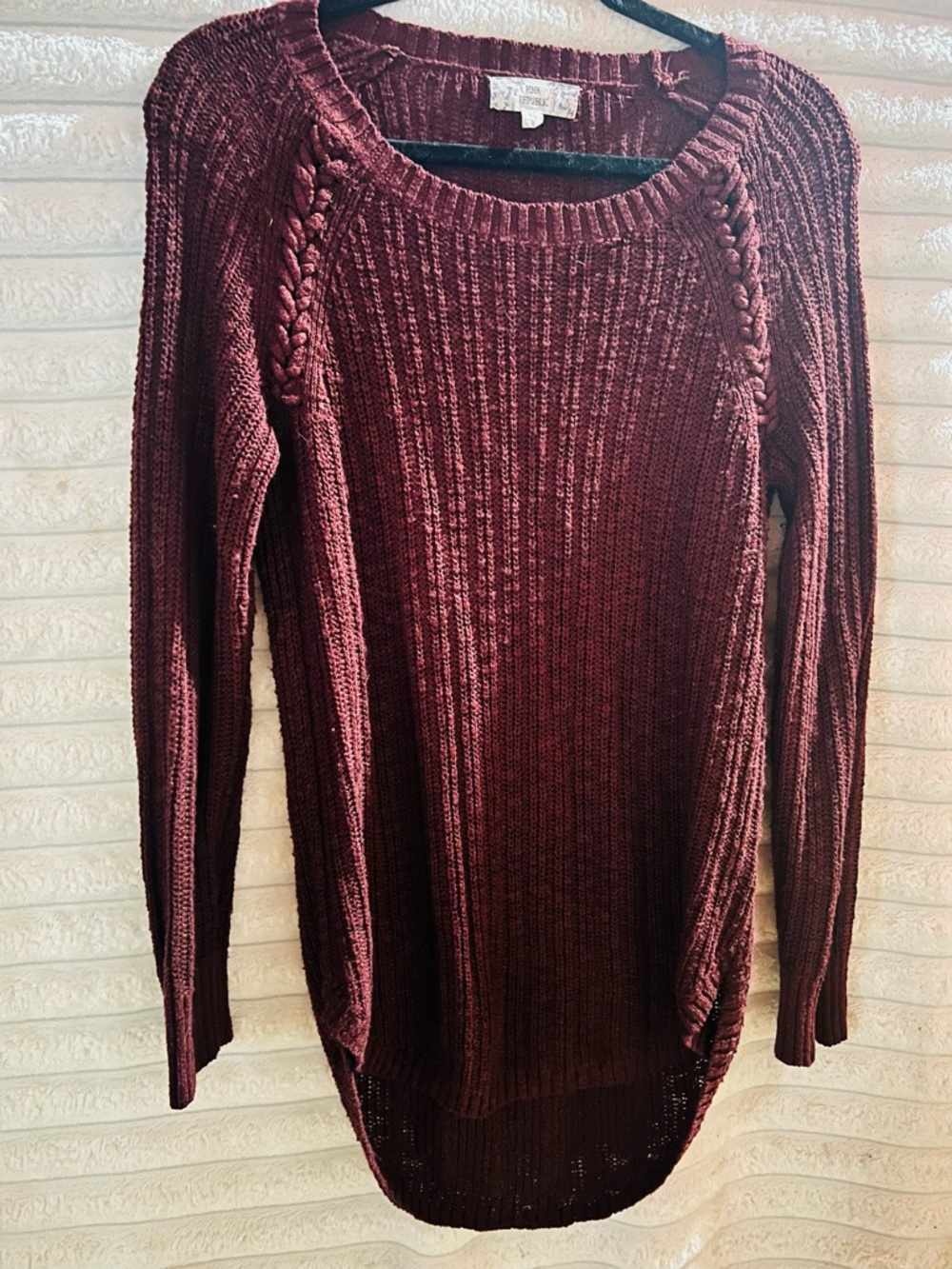 Pink Republic Women's Burgundy Cable-Trim Scoop Neck Sweater
